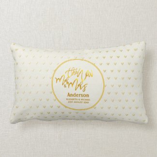 The New Mr and Mrs (name,date) Wedding Gold Hearts Lumbar Pillow