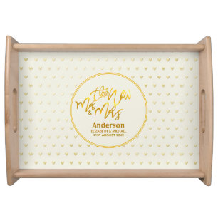 The New Mr and Mrs (name,date) Wedding Gold Hearts Serving Tray