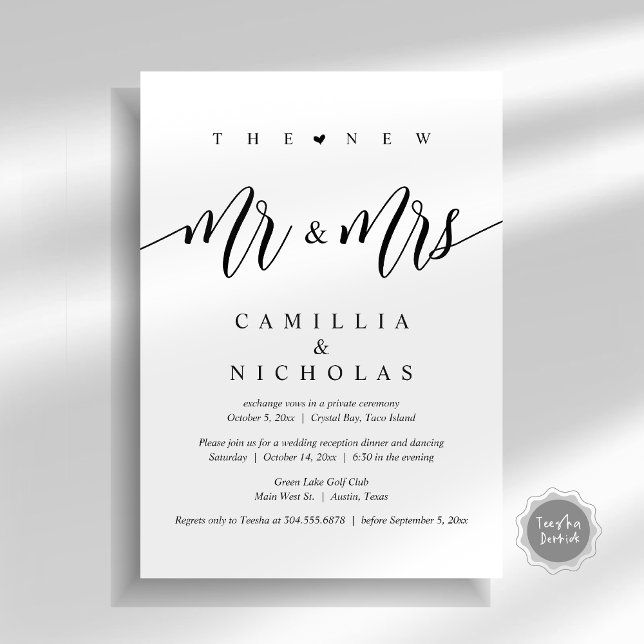 The New Mr and Mrs, Wedding Elopement Dinner Party Invitation (The New Mr and Mrs, Wedding Elopement Dinner Party Invitation Card, PDF, White Black)