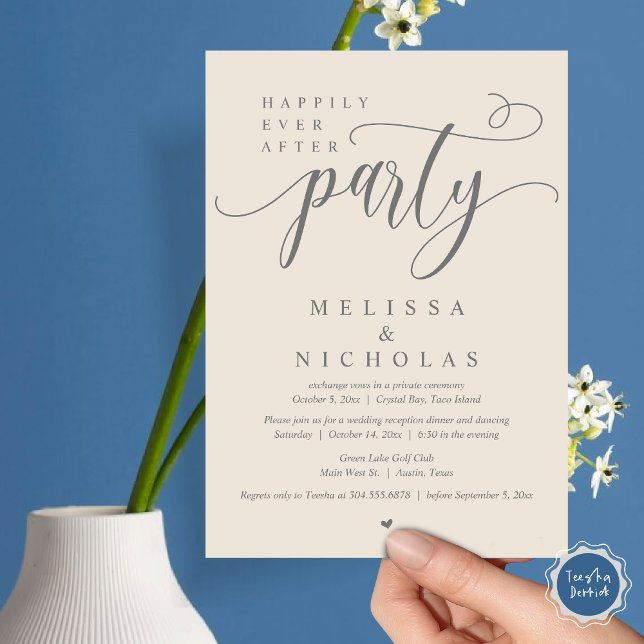 The New Mr and Mrs, Wedding Elopement Dinner Party Invitation (Happily ever after, Wedding Elopement Dinner Party Lunch Brunch Invitation Card, PDF, Grey Cream)