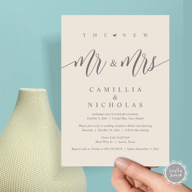 The New Mr and Mrs, Wedding Elopement Dinner Party Invitation (The New Mr and Mrs, Wedding Elopement Dinner Party Lunch Brunch Invitation Card, PDF, Grey Cream)
