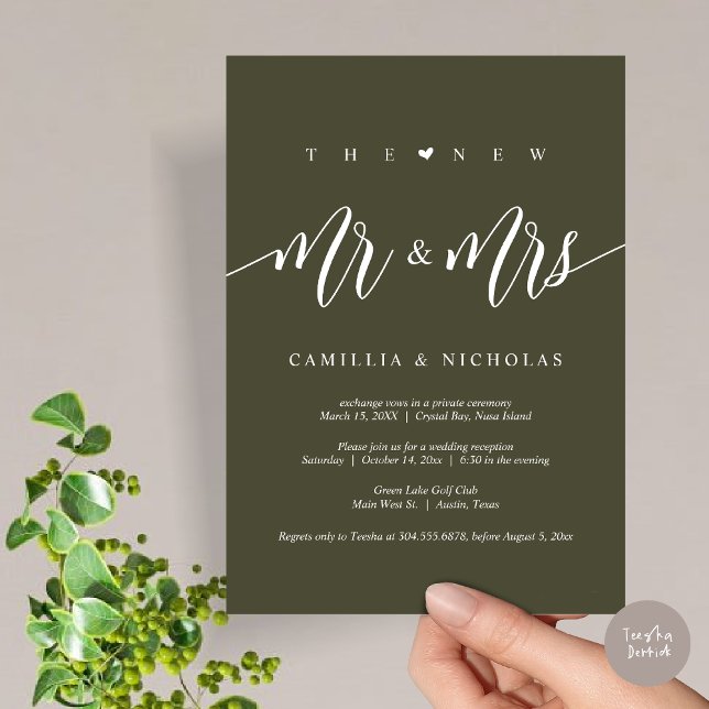 The New Mr and Mrs, Wedding Elopement Party Invitation (The New Mr and Mrs, Modern Wedding Elopement Party Invitation Card, PDF, in Olive Green)