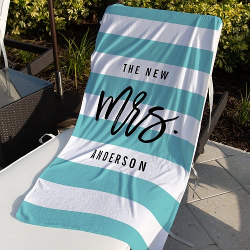 The New Mrs  Aqua Personalized Bride Beach Towel