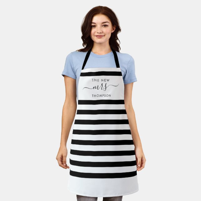 The New Mrs Bride Elegant Modern Stripes Script Apron (Worn)
