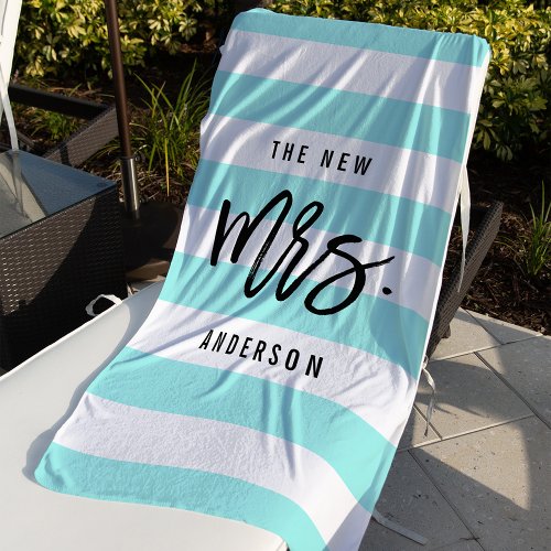 The New Mrs  Teal Personalized Bride Beach Towel