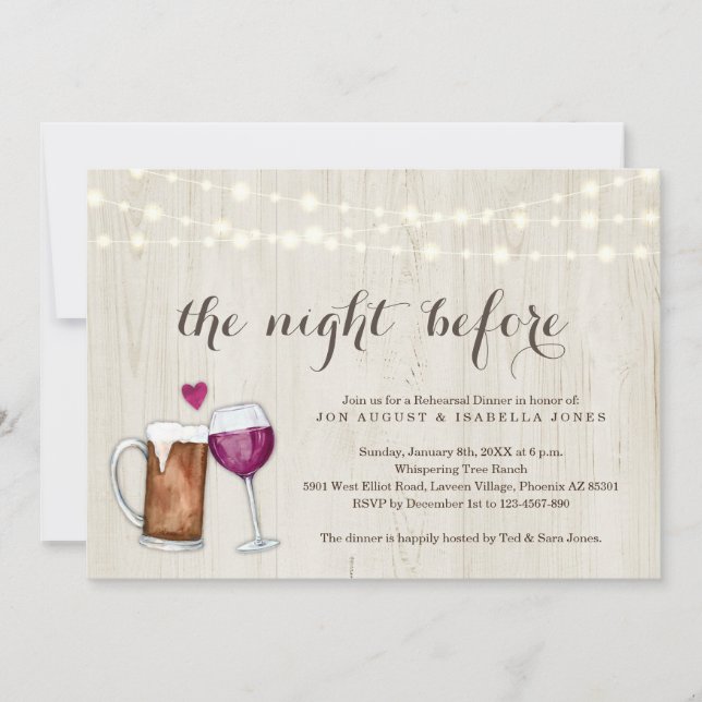 The Night Before Beer & Wine Rehearsal Dinner Announcement (Front)