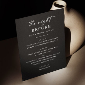 The Night Before. Black Wedding Rehearsal Dinner Menu by RemioniArt at Zazzle