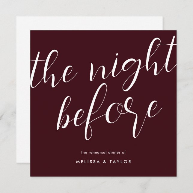 The Night Before Burgundy Calligraphy Rehearsal Invitation (Front/Back)