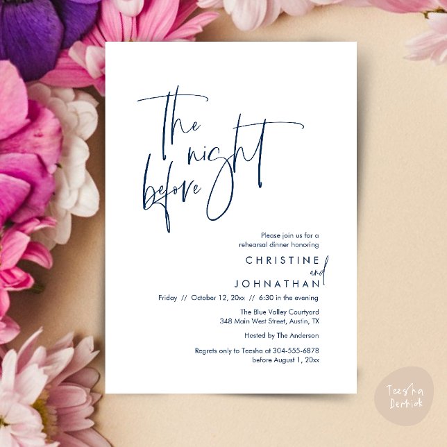 The night before, Casual Wedding Rehearsal Dinner Invitation (The night before, Casual Modern Wedding Rehearsal Dinner Invitation Card PDF Navy Blue)