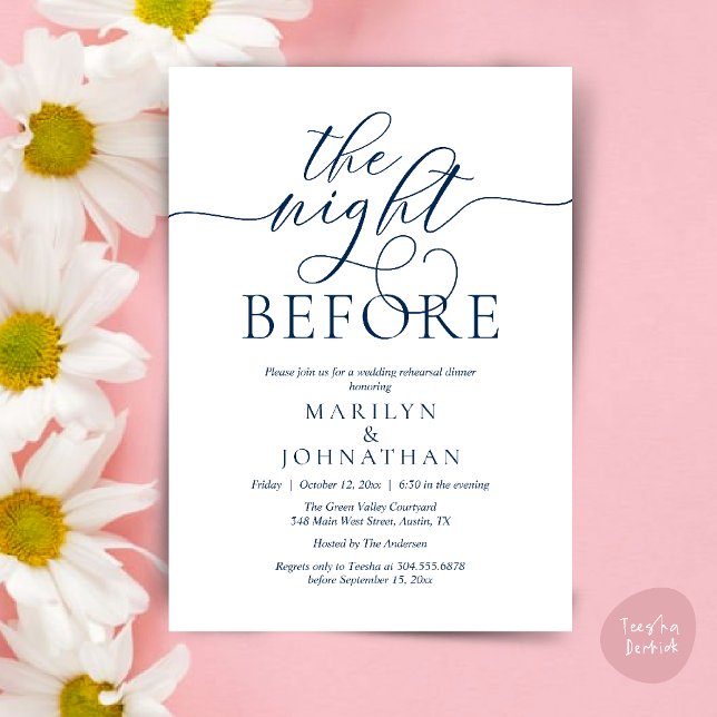 The Night Before, Classy Wedding Rehearsal Dinner Invitation (The Night Before, Classy Romantic Wedding Rehearsal Dinner Party Invitation Card PDF in Navy Blue)