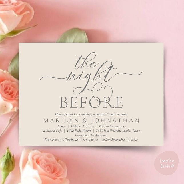 The Night Before, Classy Wedding Rehearsal Dinner Invitation (The Night Before, Classy Romantic Wedding Rehearsal Dinner Party Invitation Card PDF in Cream Grey)