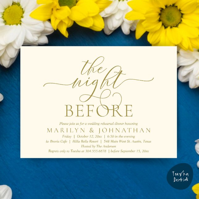 The Night Before, Classy Wedding Rehearsal Dinner Invitation (The Night Before, Classy Romantic Wedding Rehearsal Dinner Party Invitation Card PDF in Yellow Gold)