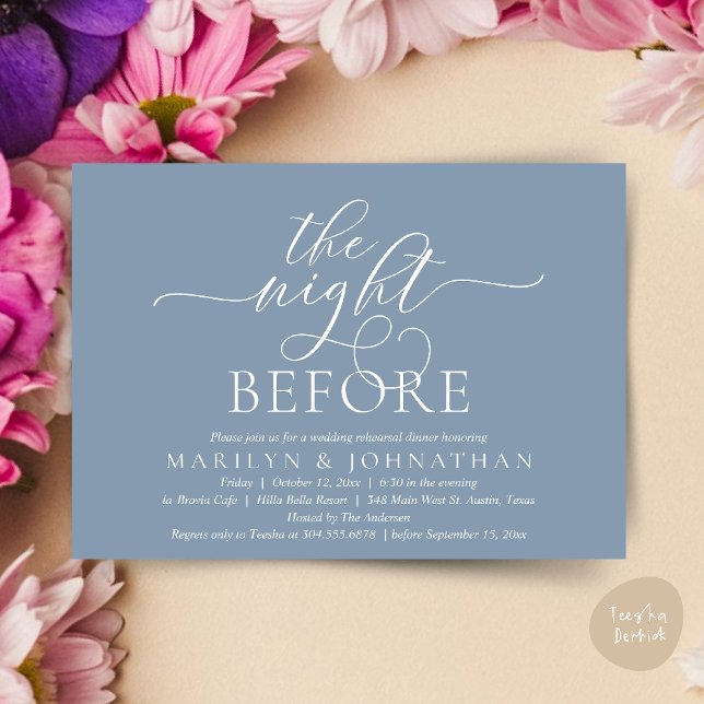 The Night Before, Classy Wedding Rehearsal Dinner Invitation (The Night Before, Classy Romantic Wedding Rehearsal Dinner Party Invitation Card PDF in Dusty Blue)