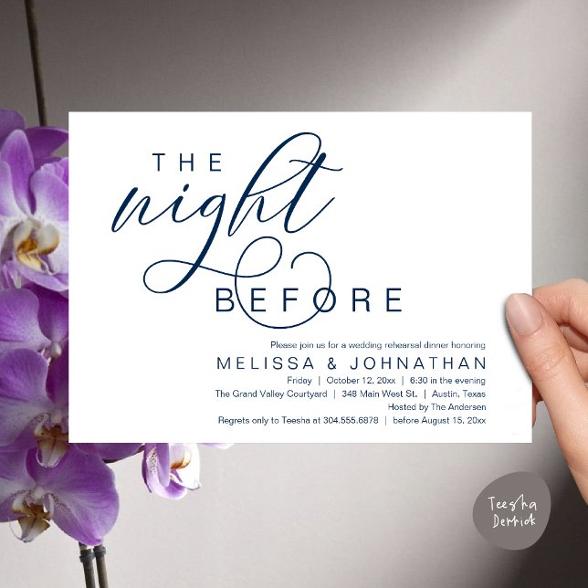 The Night Before, Classy Wedding Rehearsal Dinner Invitation (The Night Before, Classy Romantic Wedding Rehearsal Dinner Invitation Card PDF Modern Navy Blue)
