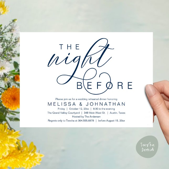 The Night Before, Classy Wedding Rehearsal Dinner Invitation (The Night Before, Classy Romantic Wedding Rehearsal Dinner Invitation Card PDF Modern Navy Blue)