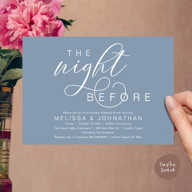The Night Before, Classy Wedding Rehearsal Dinner Invitation (The Night Before, Classy Romantic Wedding Rehearsal Dinner Invitation Card PDF Modern Dusty Blue)