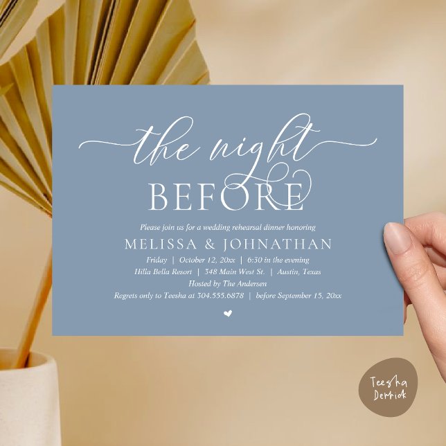 The Night Before, Classy Wedding Rehearsal Dinner Invitation (The Night Before, Classy Romantic Wedding Rehearsal Dinner Invitation Card PDF Dusty Blue)