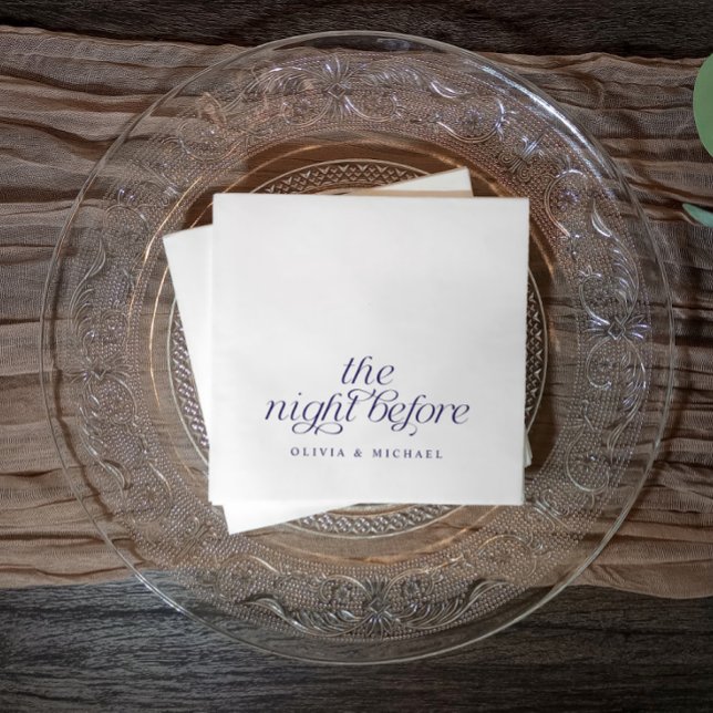 The Night Before Dark Blue Rehearsal Dinner Napkins (Elegant rehearsal dinner napkins in navy blue on an elegant plate on a rustic vintage table.)