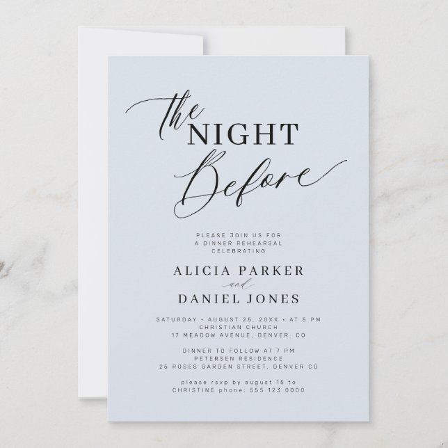 The night before dusty blue rehearsal dinner invitation (Front)