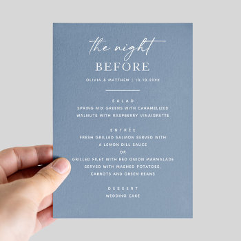 The Night Before. Dusty Blue Rehearsal Dinner Menu by RemioniArt at Zazzle