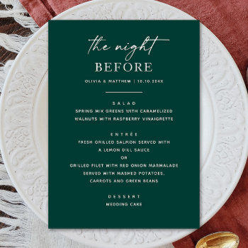 The Night Before. Emerald Green Rehearsal Dinner Menu by RemioniArt at Zazzle