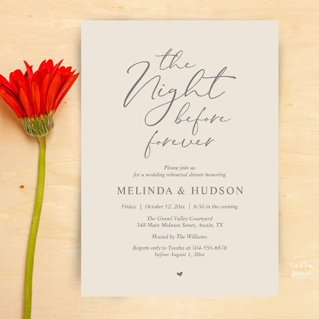 The Night Before Forever Romantic Rehearsal Dinner Invitation (Modern Romantic Wedding Rehearsal Dinner The Night Before Forever Invites Card in Cream Grey)