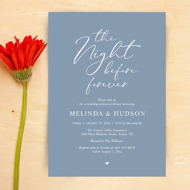 The Night Before Forever Romantic Rehearsal Dinner Invitation (Modern Romantic Wedding Rehearsal Dinner The Night Before Forever Invites Card in Dusty Blue)