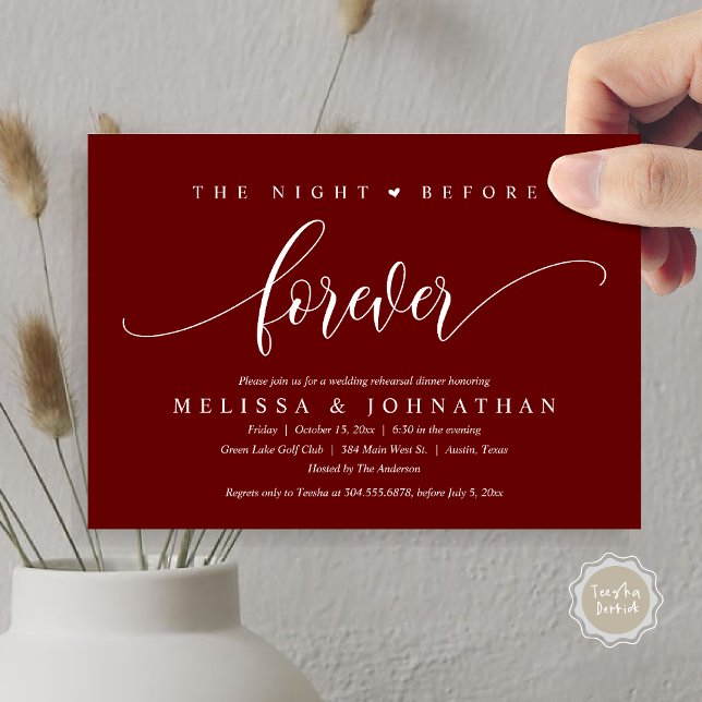 The Night Before Forever, Wedding Rehearsal Dinner Invitation (The Night Before Forever, Modern Wedding Rehearsal Dinner Invitation Card, PDF, in Burgundy red)