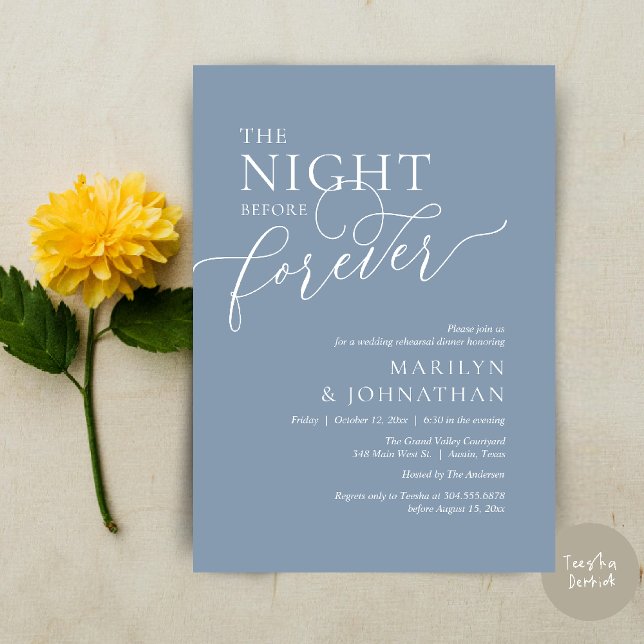 The Night Before Forever, Wedding Rehearsal Dinner Invitation (The Night Before Forever Wedding Rehearsal Dinner Romantic Classy Invites Card PDF in Dusty Blue)