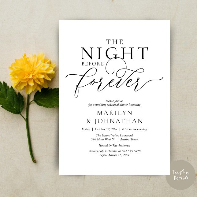 The Night Before Forever, Wedding Rehearsal Dinner Invitation (The Night Before Forever Wedding Rehearsal Dinner Romantic Classy Invites Card PDF in White Black)