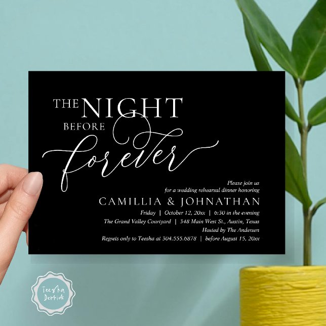 The Night Before Forever, Wedding Rehearsal Dinner Invitation (The Night Before Forever Wedding Rehearsal Dinner Romantic Classy Invites Card PDF in Black White)