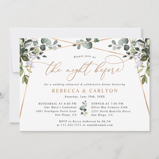 The Night Before Gold Greenery Rehearsal Dinner Invitation (Front)