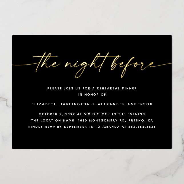 The Night Before | Gold Script Rehearsal Dinner  Foil Invitation (Front)