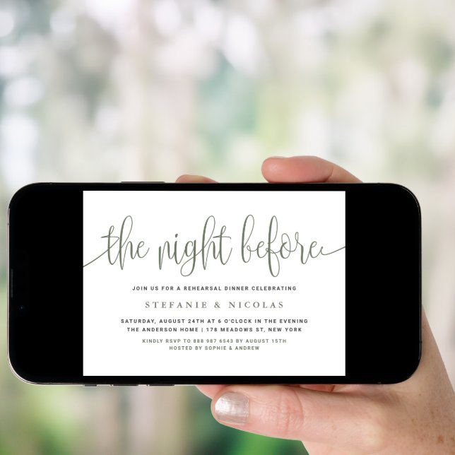 The Night Before Green Script Rehearsal Dinner Invitation (Front Digital)