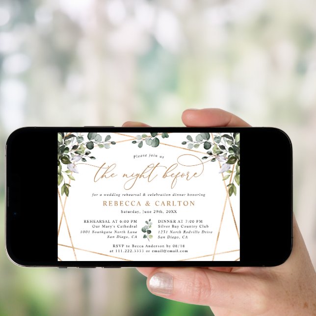 The Night Before Greenery Gold Rehearsal Dinner Invitation (Front Digital)