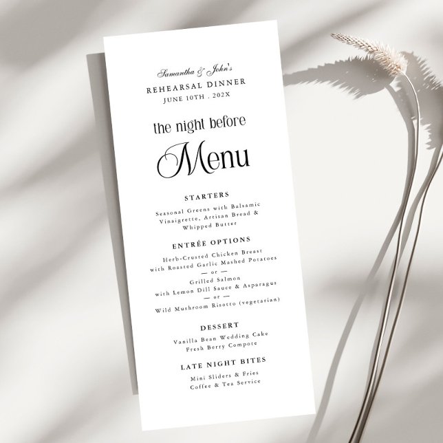 The Night Before Modern Elegant Rehearsal Dinner Menu (Creator Uploaded)