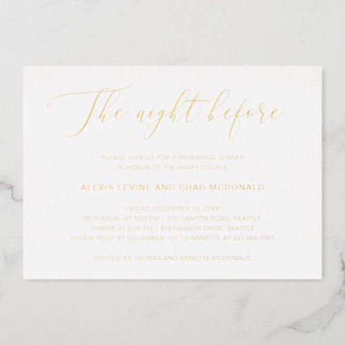 The Night Before Modern Rehearsal Dinner Gold Foil Invitation