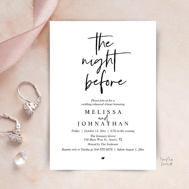 The night before, Modern Wedding Rehearsal Dinner Invitation (The night before, Modern minimalist Wedding Rehearsal Dinner Invitation card in black and white)