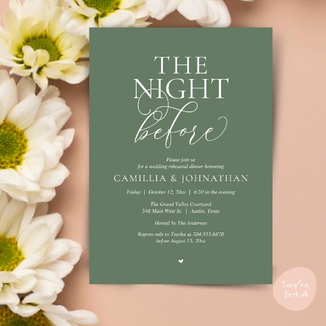 “The Night Before” Modern Wedding Rehearsal Dinner Invitation (“The Night Before” Modern Classy Rehearsal Dinner Reception Invitation Card Sage Green)