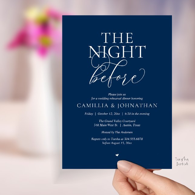 “The Night Before” Modern Wedding Rehearsal Dinner Invitation (“The Night Before” Modern Classy Rehearsal Dinner Reception Invitation Card Navy Blue)