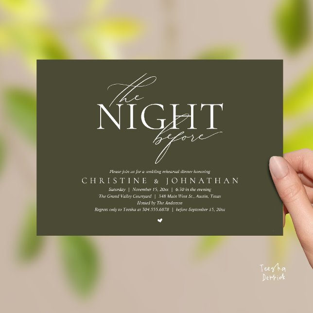 The Night Before, Modern Wedding Rehearsal Dinner  Invitation (The Night Before, Modern Wedding Rehearsal Dinner Invitation Card in Olive Green)