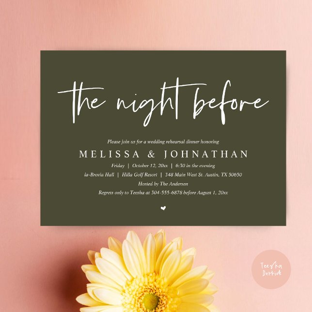 The Night Before, Modern Wedding Rehearsal Dinner Invitation (The Night Before Wedding Rehearsal Dinner Invitation Card, PDF, Modern Minimalist Olive Green)