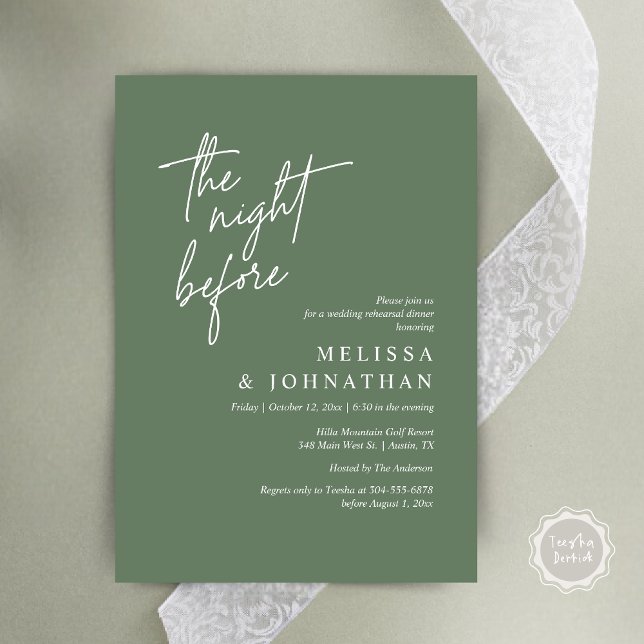 The Night Before, Modern Wedding Rehearsal Dinner Invitation (The Night Before, Modern Wedding Rehearsal Dinner Modern Invitation Card, PDF, in Forest Sage Green)