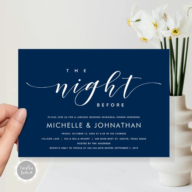 The Night Before, Modern Wedding Rehearsal Dinner  Invitation (The Night Before, Modern Wedding Rehearsal Dinner Invitation Card, Printed and File, in Navy Blue.)