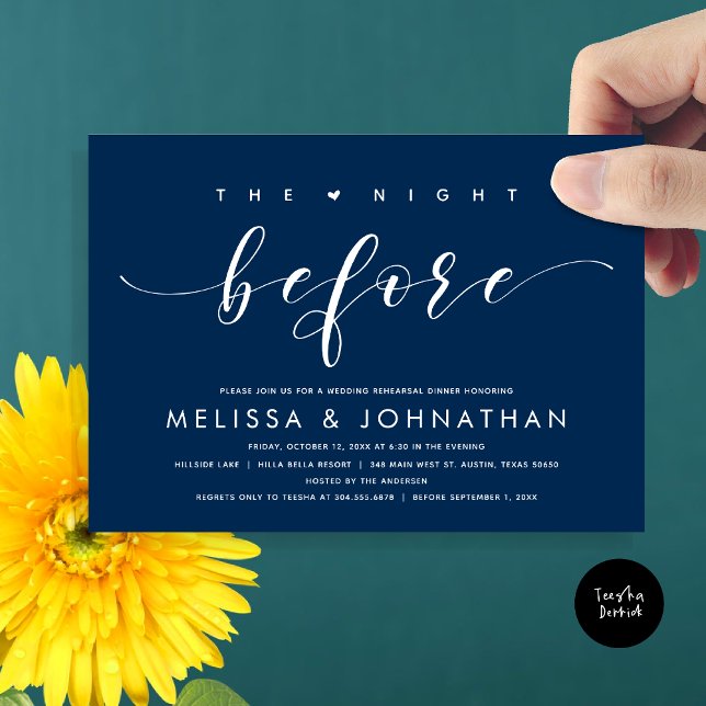 The Night Before, Modern Wedding Rehearsal Dinner  Invitation (The Night Before, Modern Wedding Rehearsal Dinner Invitation Card, PDF, in Classy Navy Blue)