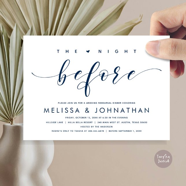 The Night Before, Modern Wedding Rehearsal Dinner  Invitation (The Night Before, Modern Wedding Rehearsal Dinner Invitation Card, PDF, in Classy Navy Blue)