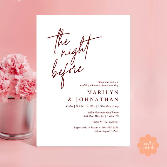 The Night Before, Modern Wedding Rehearsal Dinner Invitation (The Night Before, Modern Wedding Rehearsal Dinner Invitation Card PDF in Burgundy Wine Red)
