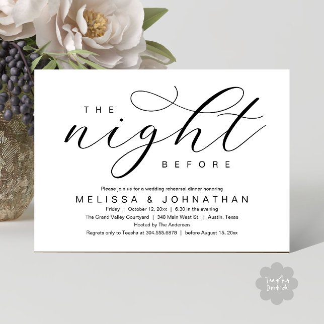 The Night Before, Modern Wedding Rehearsal Dinner Invitation (The Night Before, Classy Modern Wedding Rehearsal Dinner Invitation Card PDF Black White)