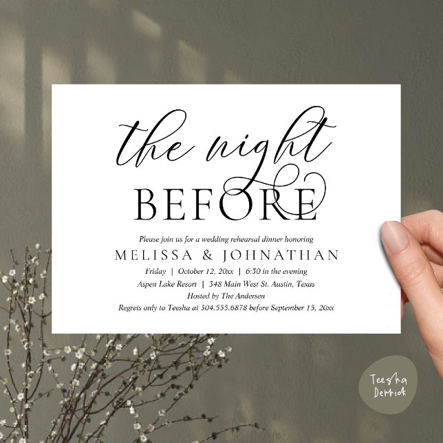 The Night Before, Modern Wedding Rehearsal Dinner  Invitation (The Night Before, Modern Wedding Rehearsal Dinner Invitation Card, PDF, Classy Elegant, White Black)