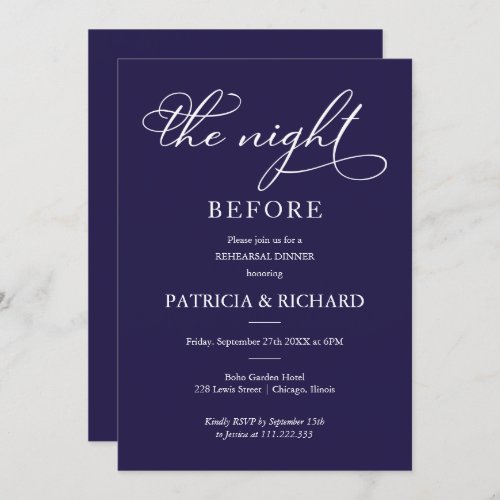 The Night Before Navy Blue Rehearsal Dinner Invitation